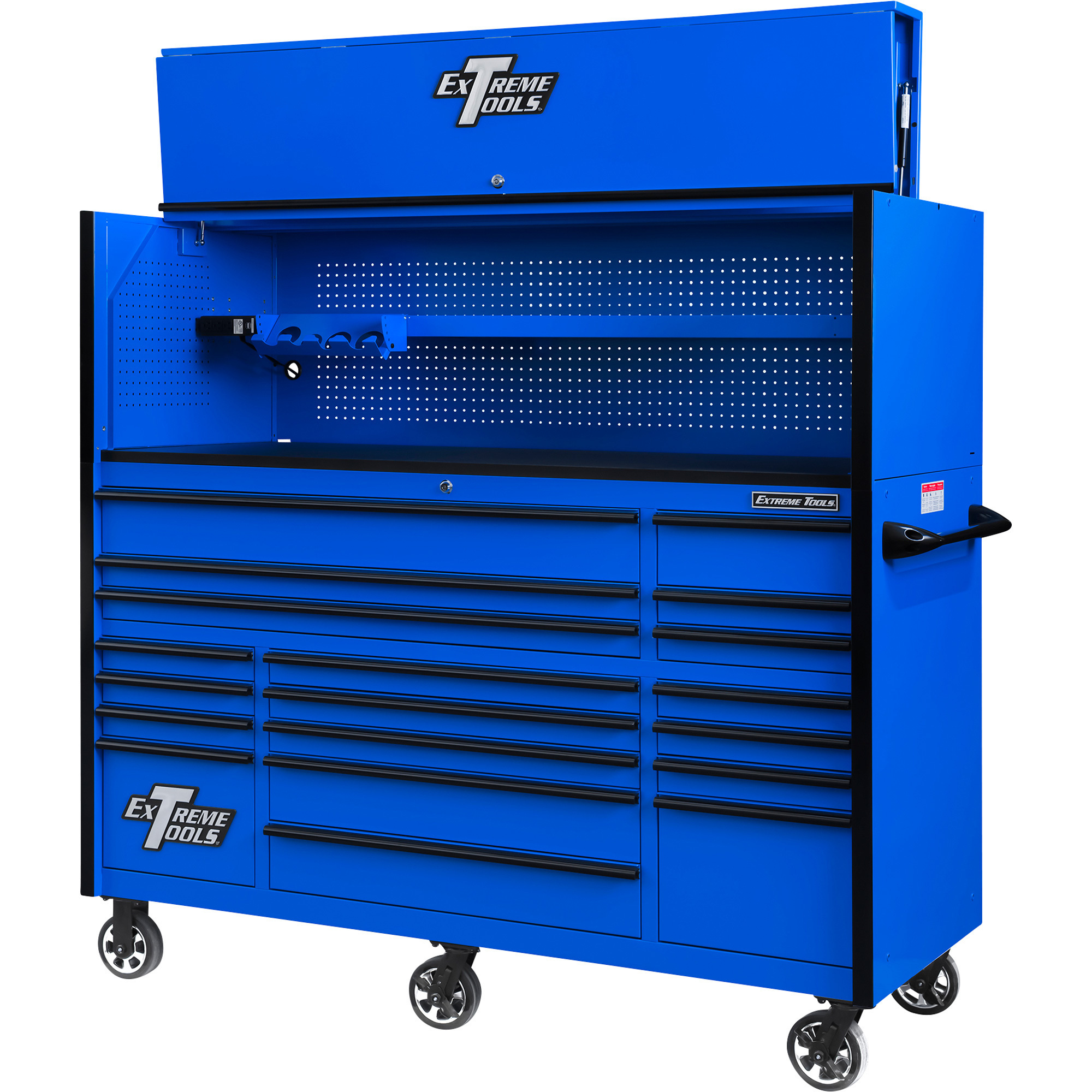 Extreme Tools Professional Hutch and 19-Drawer Roller Cabinet Combo - 72in.W, Blue/Black, Model# RX7220HRUK